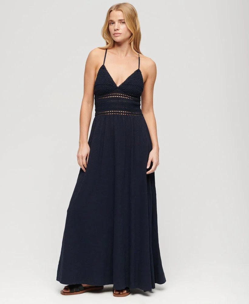 SUPERDRY JERSEY LACE MAXI DRESS - ECLIPSE NAVY A-Line Day Work