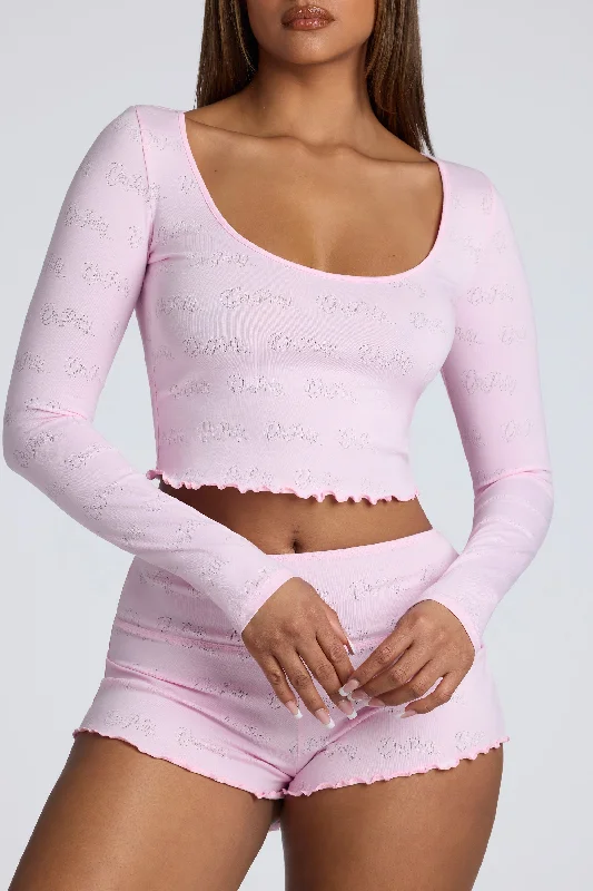 Long Sleeve Scoop Neck Pointelle Crop Top in Baby Pink Fashionable Trendy Casual