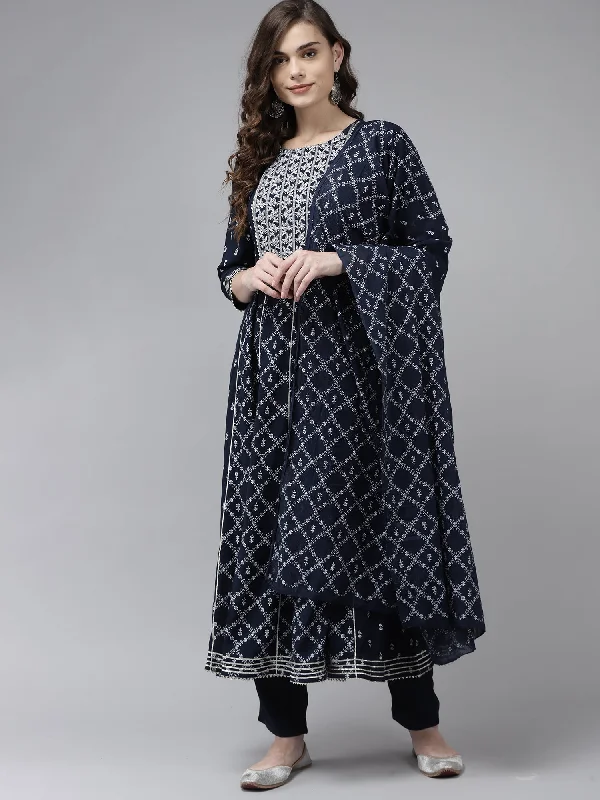 Women's Navy Blue Embroidered A-Line Kurta Trouser With Duapatta Set - Indo Era Trousers Floral Bohemian Women's Navy Blue Embroidered A-Line Kurta Trouser With Duapatta Set - Indo Era Trousers Floral Bohemian