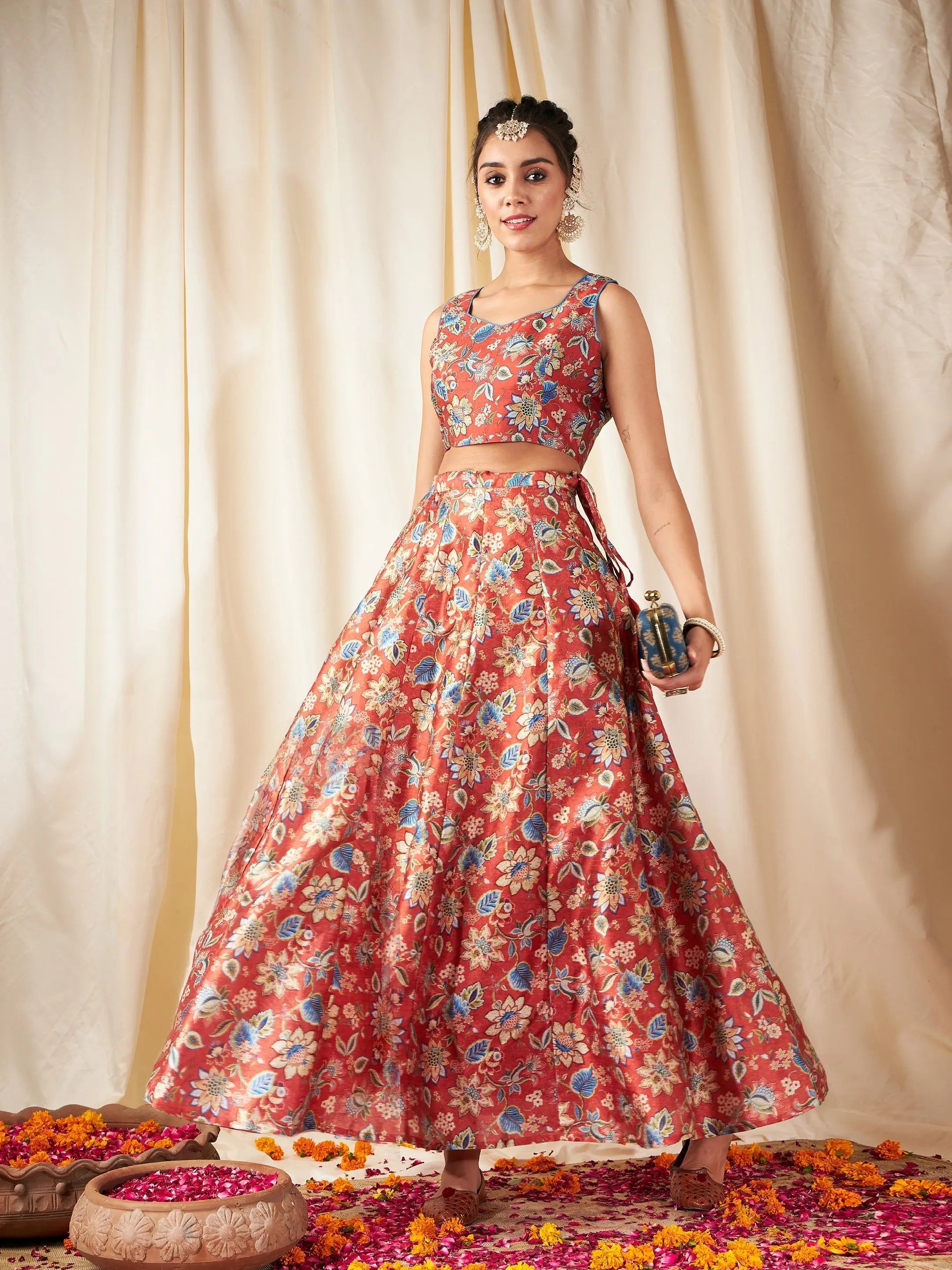 Women Orange Floral Anarkali Skirt With Crop Top Layered Multi-layer Single Layer