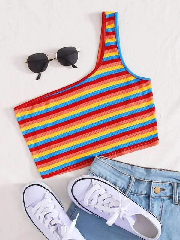 One Shoulder Rainbow Striped Crop Top Graphic Embroidered Appliqued