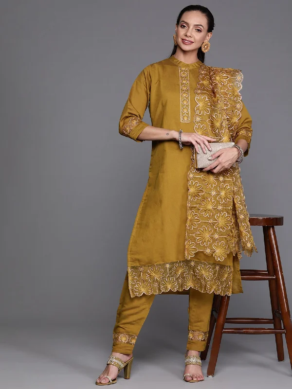 Women's Mustard Solid Straight Kurta Trouser With Dupatta Set - Indo Era Trousers Handmade Artisanal