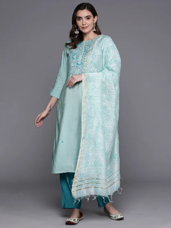 Women's Sea Green Embroidered Straight Kurta Trousers With Dupatta Set - Indo Era Trousers Harem Relaxed Fit Women's Sea Green Embroidered Straight Kurta Trousers With Dupatta Set - Indo Era Trousers Harem Relaxed Fit