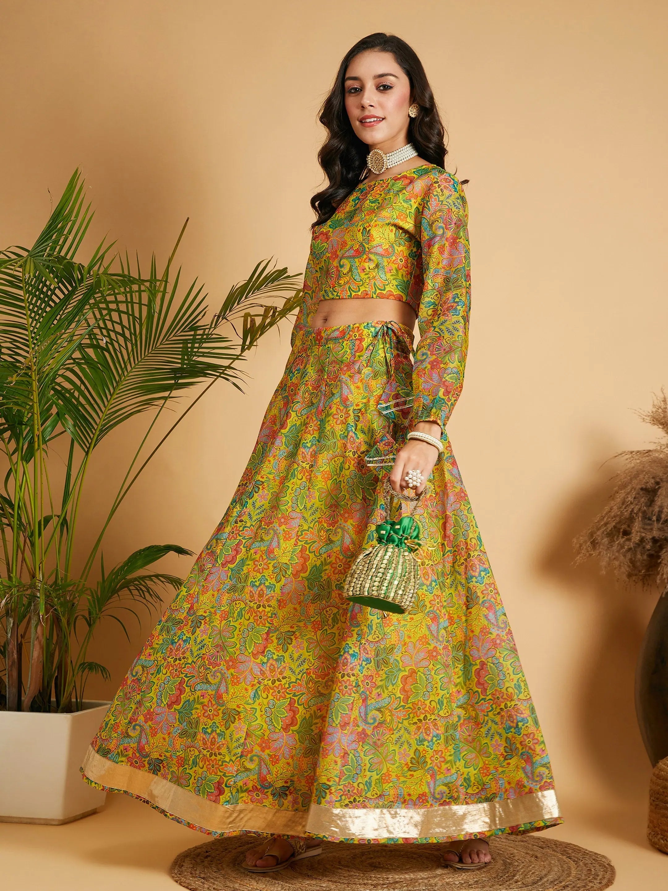 Women Lemon Yellow Floral Anarkali Skirt With Crop Top Mesh Canvas Denim