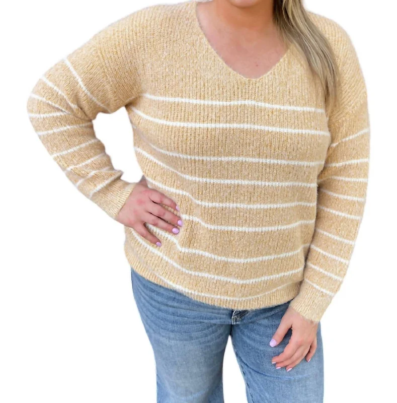 Cozy Striped Sweater In Mustard Solid Print Embellished