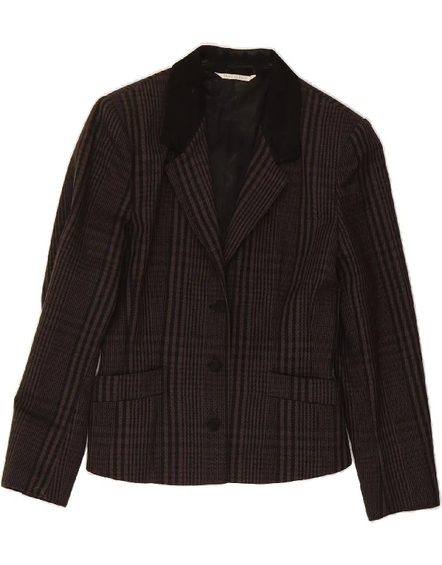 SPORTMAX Womens 3 Button Blazer Jacket UK 14 Medium  Black Check Wool Zippered Front Buttoned Front Snap Front