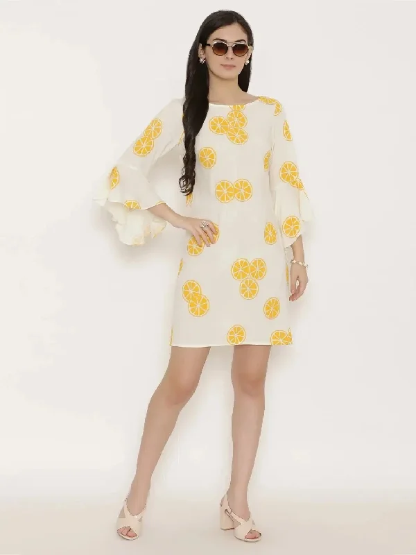 Bell Sleeve Block printed Dress in Off White-TC0286RWLE_S Off-the-shoulder Chic Trendy
