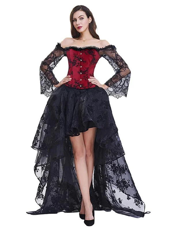 Gothic Red Long Floral Sleeve Off-Shoulder Corset Organza Skirt Set velvet skirt rich Gothic Red Long Floral Sleeve Off-Shoulder Corset Organza Skirt Set velvet skirt rich