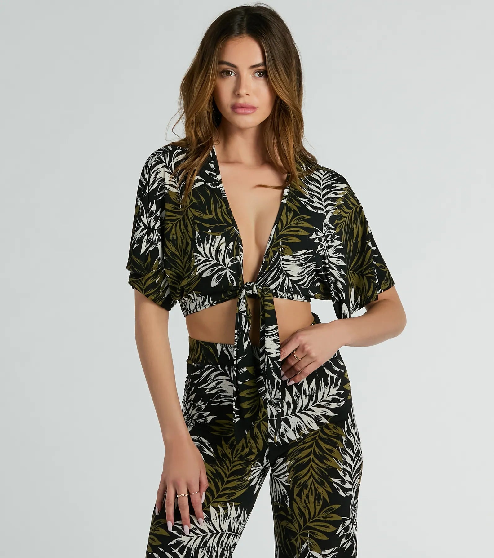 Living In The Palms Tie-Front Crop Top Chenille Blend Fleece Blend Nylon Blend