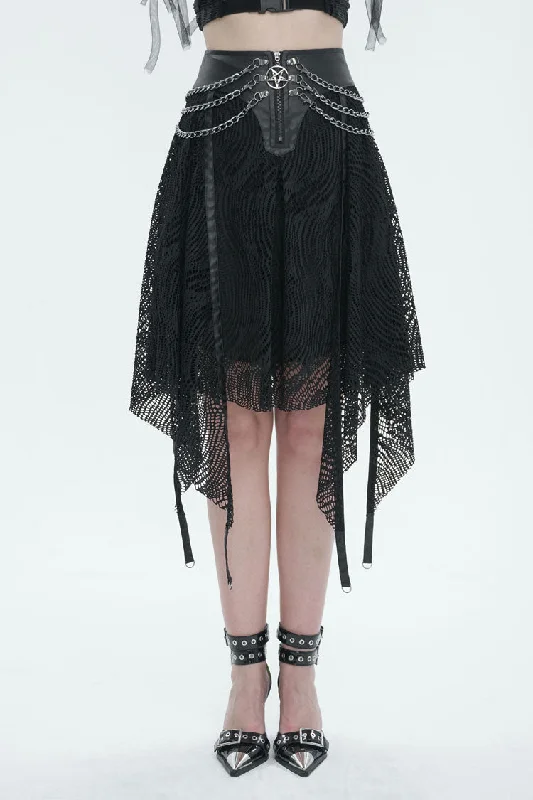 Black Irregular Half Hollow Knit Metal Chain Decorated Women's Punk Skirt ruffled skirt detail Black Irregular Half Hollow Knit Metal Chain Decorated Women's Punk Skirt ruffled skirt detail