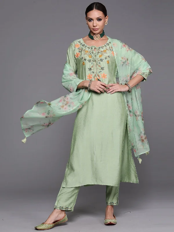 Women's Green Floral Embroidered Straight Kurta Trouser With Dupatta Set - Indo Era Trousers Designer Luxury Women's Green Floral Embroidered Straight Kurta Trouser With Dupatta Set - Indo Era Trousers Designer Luxury