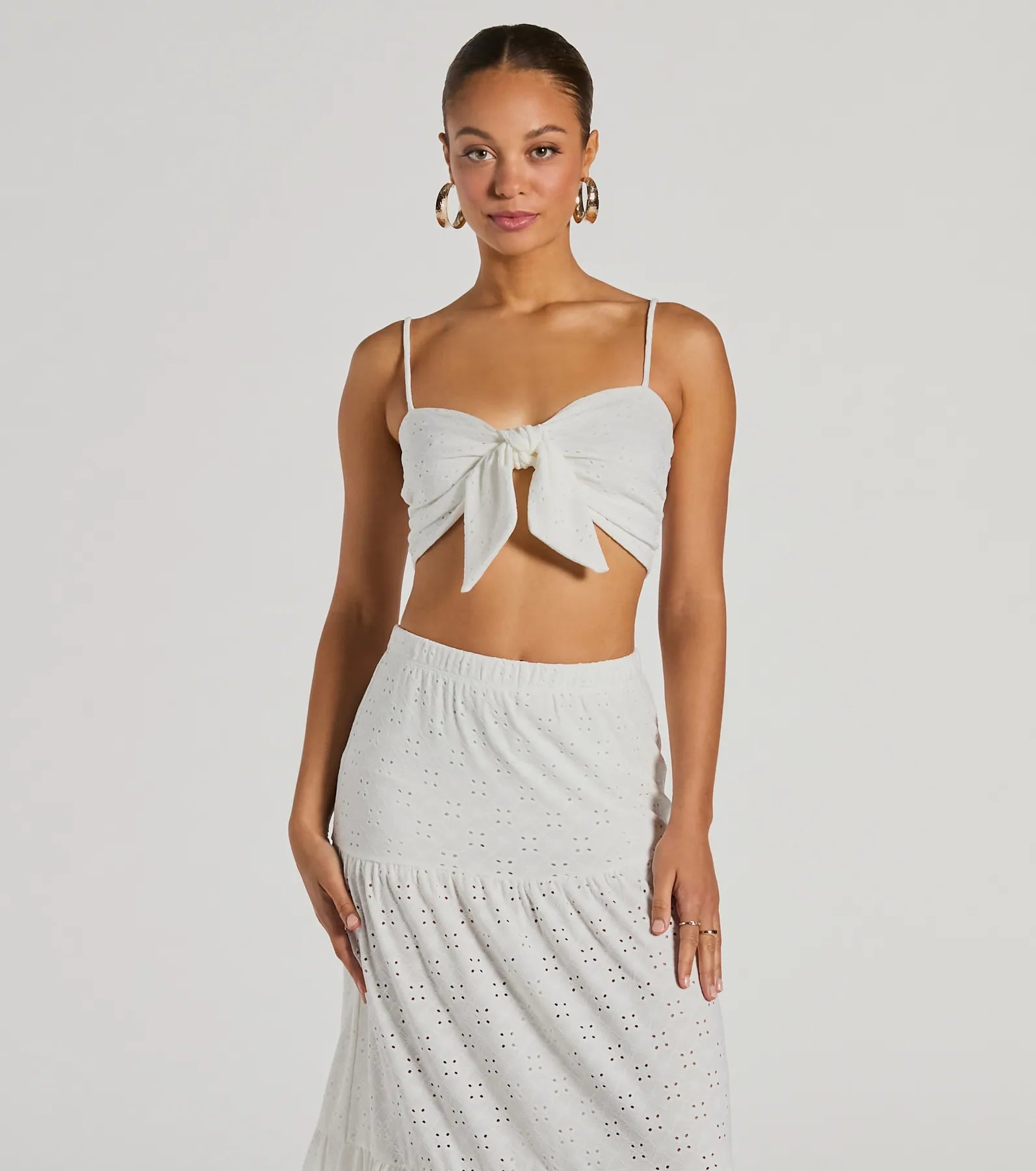 Vibe Of Summer Tie Front Eyelet Crop Top Polka Dot Checkered Tartan