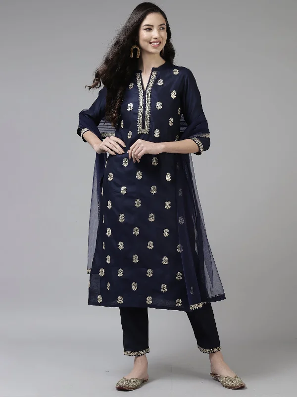 Women's Navy Blue Embroidered Straight Kurta Trouser With Dupatta Set - Indo Era Trousers trendy modern Women's Navy Blue Embroidered Straight Kurta Trouser With Dupatta Set - Indo Era Trousers trendy modern
