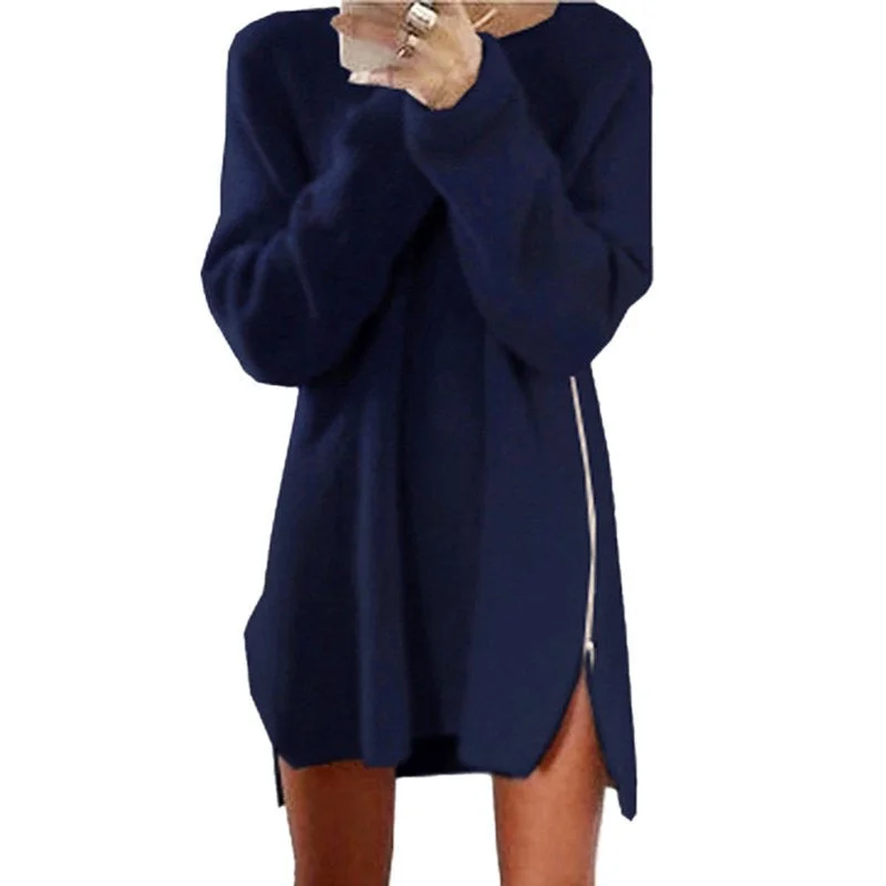 Women Winter Long Sleeve Zippers Side Jumper Tops Knitted Sweater Loose Tunic Mini Dresses Real Fur Shearling Chenille