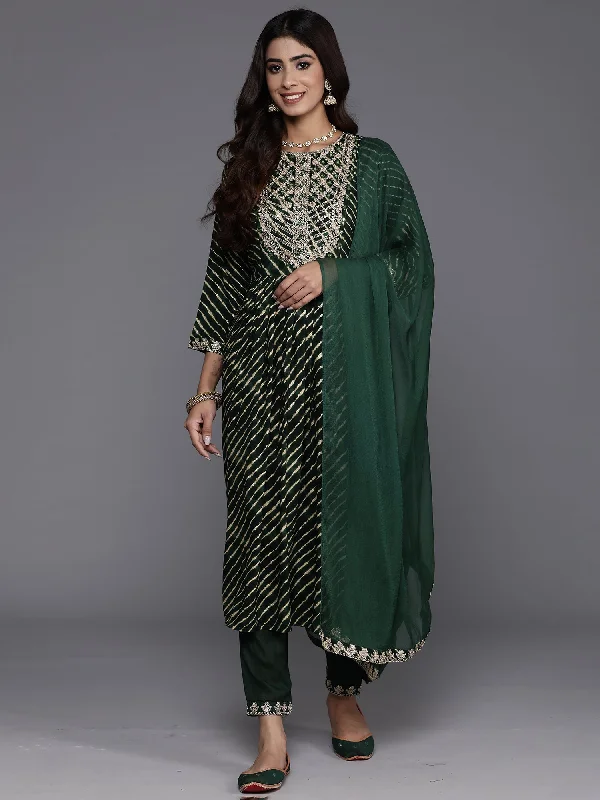 Women's Green Embroidered A-Line Kurta Trousers With Dupatta Set - Indo Era Trousers Yoga Stretchy Women's Green Embroidered A-Line Kurta Trousers With Dupatta Set - Indo Era Trousers Yoga Stretchy