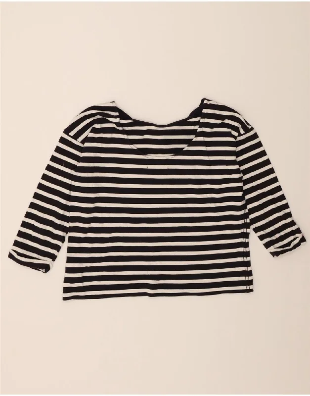 L.O.G.G Womens Crop Top 3/4 Sleeve UK 14 Medium Navy Blue Striped Cotton Embroidered Appliqued Beaded L.O.G.G Womens Crop Top 3/4 Sleeve UK 14 Medium Navy Blue Striped Cotton Embroidered Appliqued Beaded