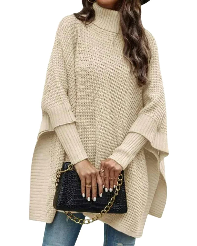 High Neck Knit Poncho Sweater In Beige Sequined Glittery Shiny