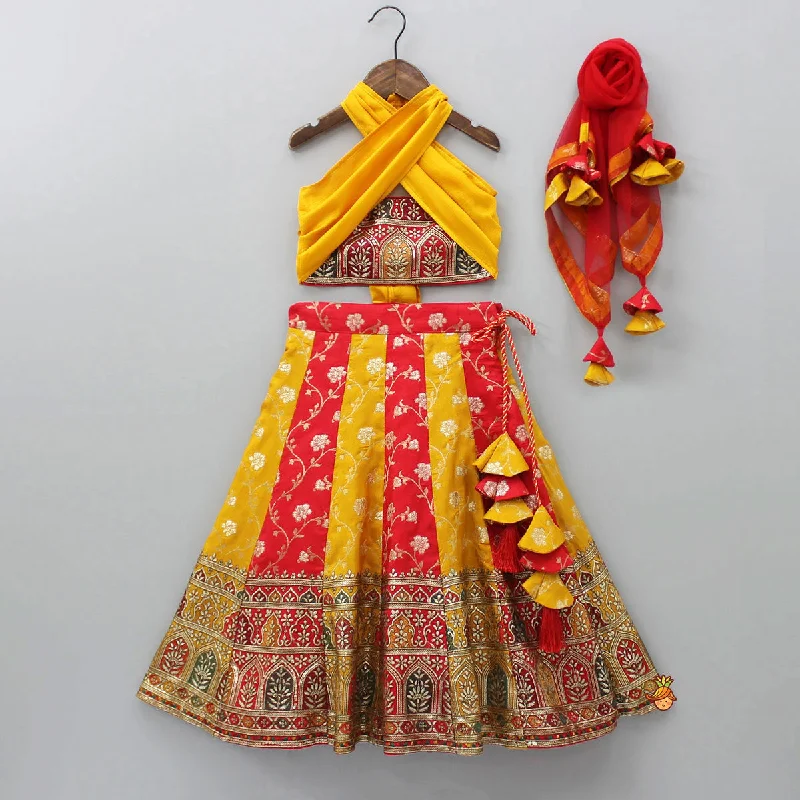 Pre Order: Embroidered Crop Top With Colour Blocked Lehenga And Net Dupatta Graphic Embroidered Appliqued