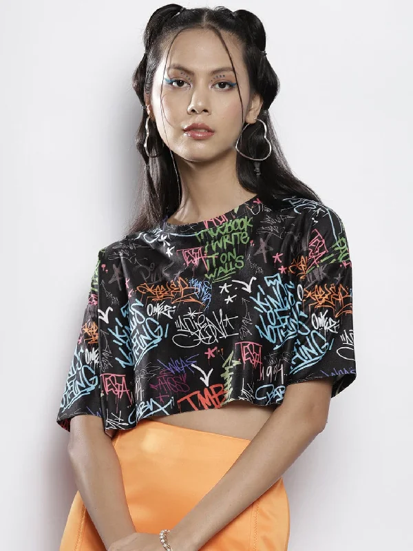 Women Black Text Print Boxy Crop Top Satin Fabric Silk Fabric Chiffon Fabric