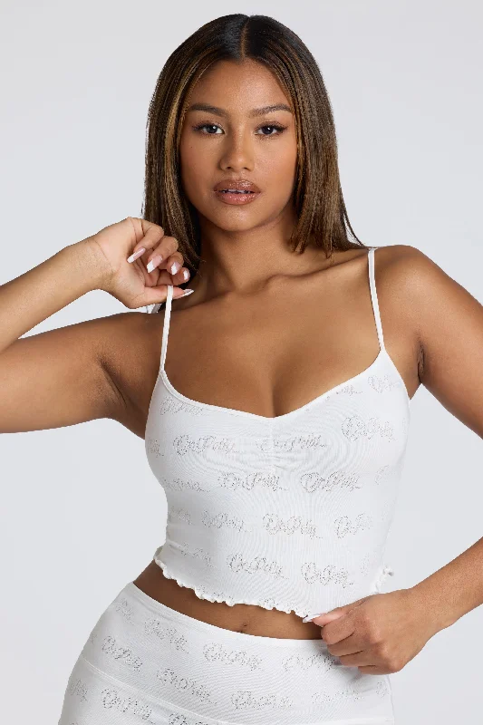 Strappy Ruched Pointelle Crop Top in White Collared Crew Neck Turtle Neck