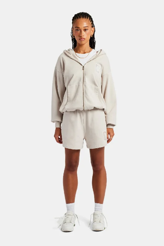 C Embroidered Zip Through Hoodie & Short Set - Stone Hoodie with Oversized Fit Loose Comfortable