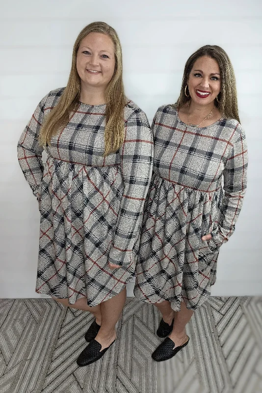 OATMEAL/BURG PLAID CHECK CONTRAST DRESS Tunics Fashionable chic