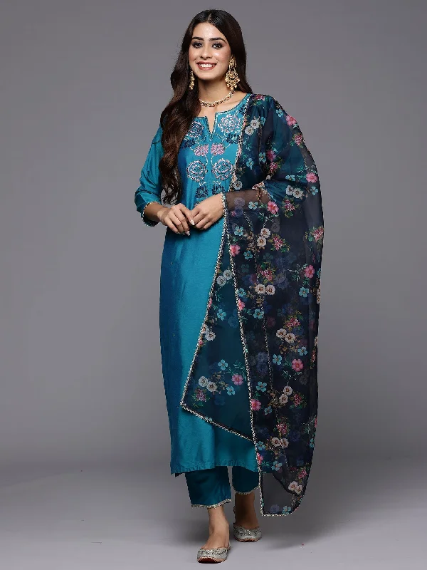 Women's Teal Embroidered Straight Kurta Trousers With Dupatta Set - Indo Era Trousers Bridal Satin Women's Teal Embroidered Straight Kurta Trousers With Dupatta Set - Indo Era Trousers Bridal Satin