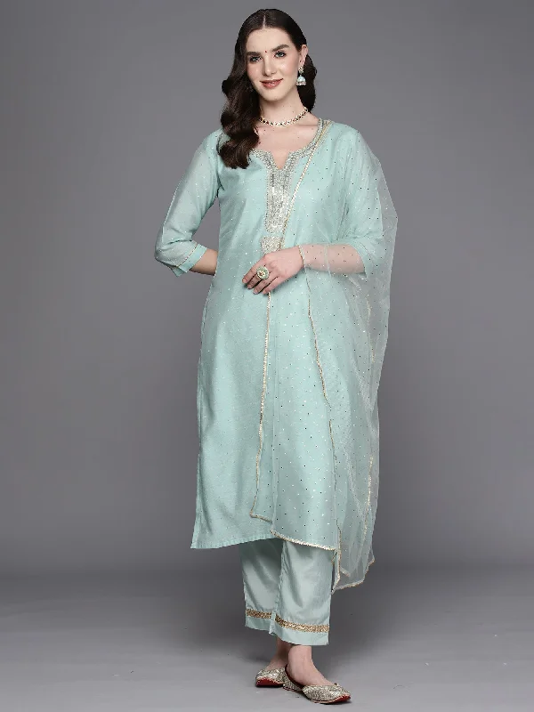 Women's Sea Green Embroidered Straight Kurta Trousers With Dupatta Set - Indo Era Trousers Office Stylish