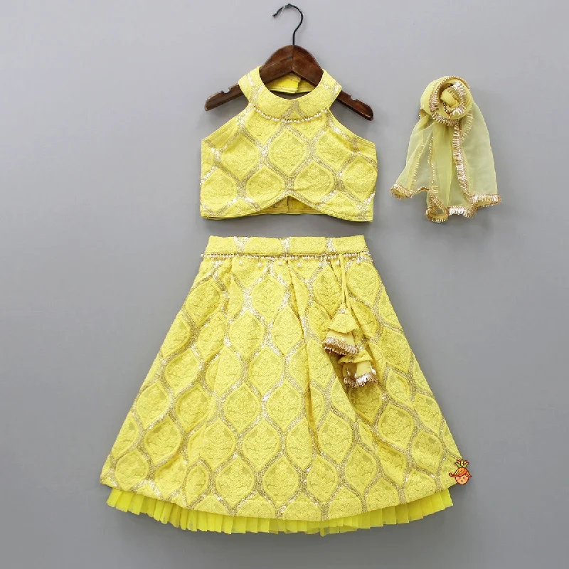 Pre Order: Yellow Chikankari Embroidered Halter Neck Crop Top With Lehenga And Dupatta Spandex Blend Rayon Blend Denim Blend