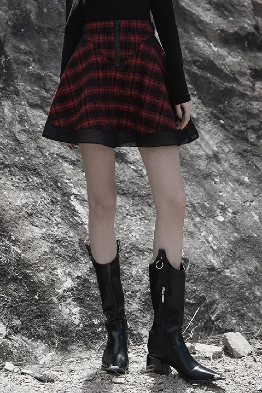 Red Chiffon Plaid Large-Hole Mesh Stitching V-Word Segmentation Design Sun-Hem Women's Punk Skirt cashmere skirt soft