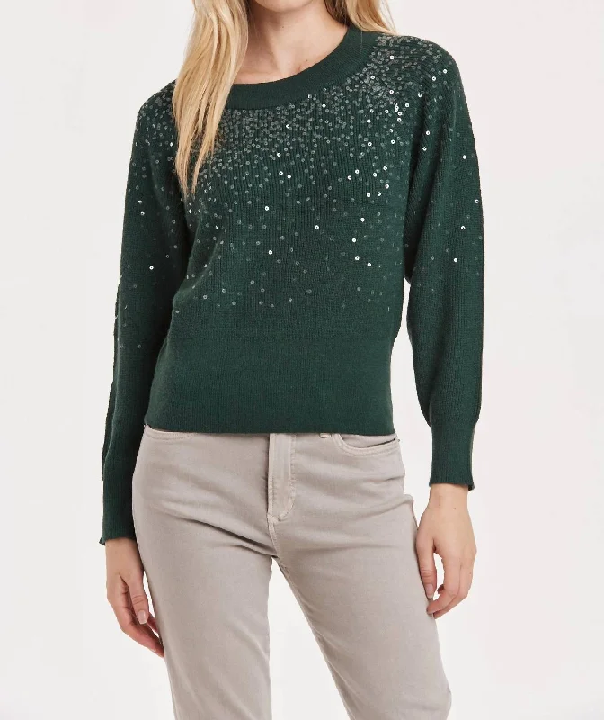 Kathleen Sequin Raglan Sleeve Sweater In Green Zippered Buttoned Snapped