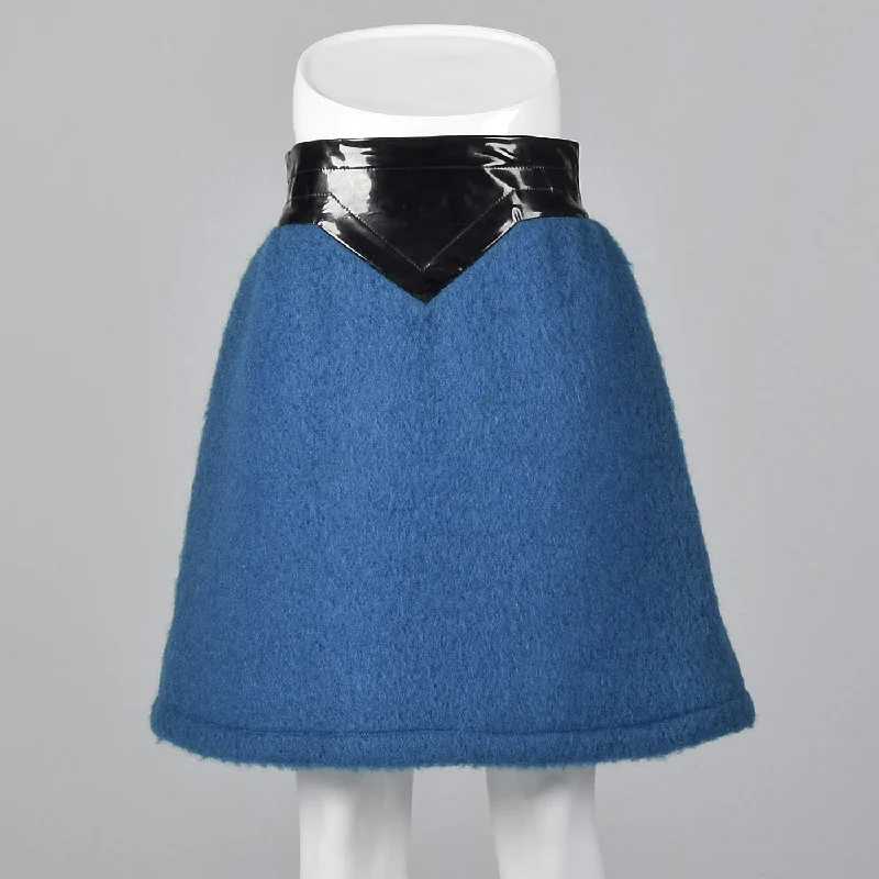 1960s Pierre Cardin Space Age Mod Blue Mohair and Black Vinyl Mini Skirt velvet skirt rich