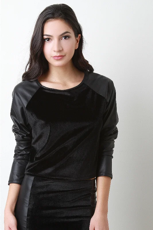 Velvet And Vegan Leather Raglan Crop Top Print Jacquard Patchwork