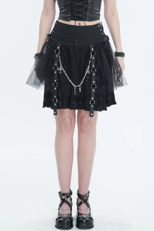 Black Cross Print Side Waist Straps Detachable Metal Chain Women's Punk Skirt tiered skirt playful Black Cross Print Side Waist Straps Detachable Metal Chain Women's Punk Skirt tiered skirt playful