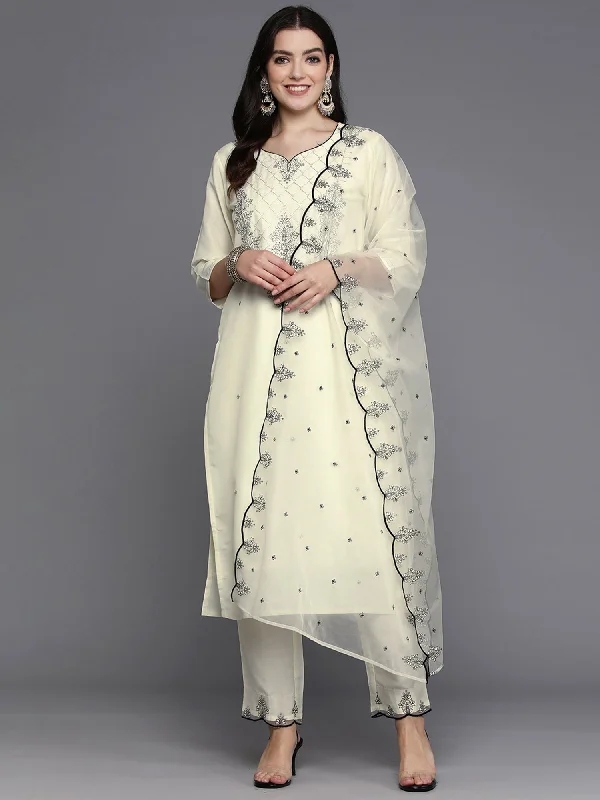 Women's White Embroidered Straight Kurta Trousers With Dupatta Set - Indo Era Trousers Silk Elegant Women's White Embroidered Straight Kurta Trousers With Dupatta Set - Indo Era Trousers Silk Elegant