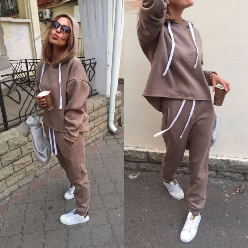 Tracksuit Long Sleeve Thicken Hooded Sweatshirts 2 Piece Set Casual Sport Suit Women Tracksuit Set Hoodie with Frayed Bohemian Relaxed