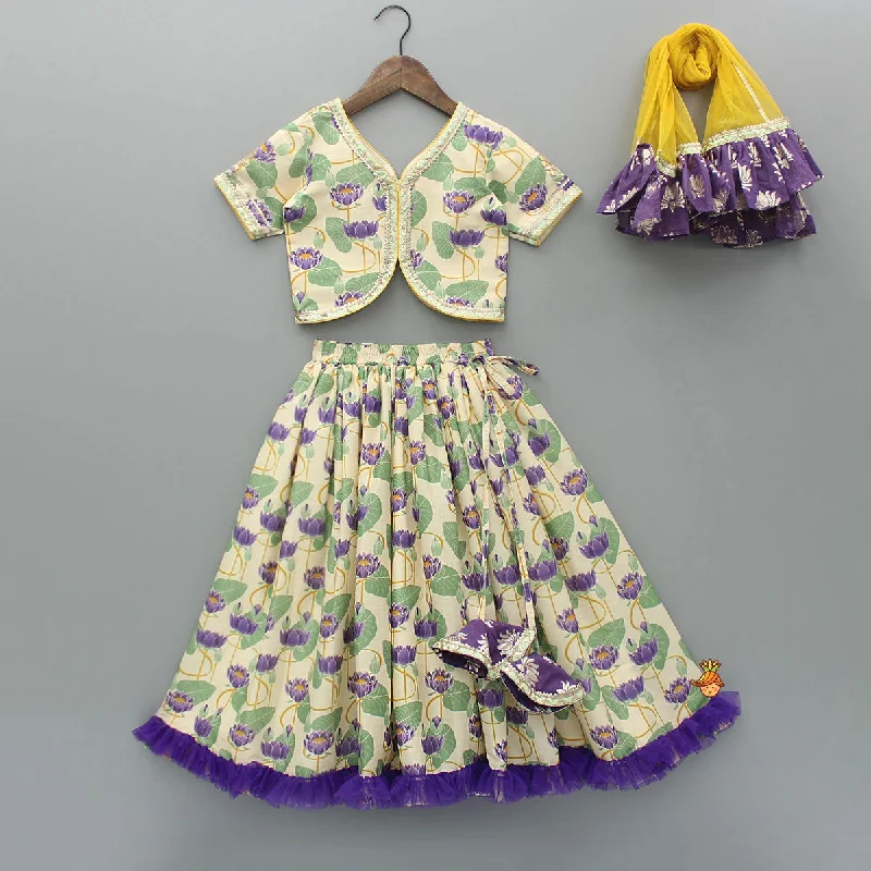 Pre Order: Multicolour Floral Printed Crop Top With Lehenga And Net Dupatta Rayon Velvet Corduroy