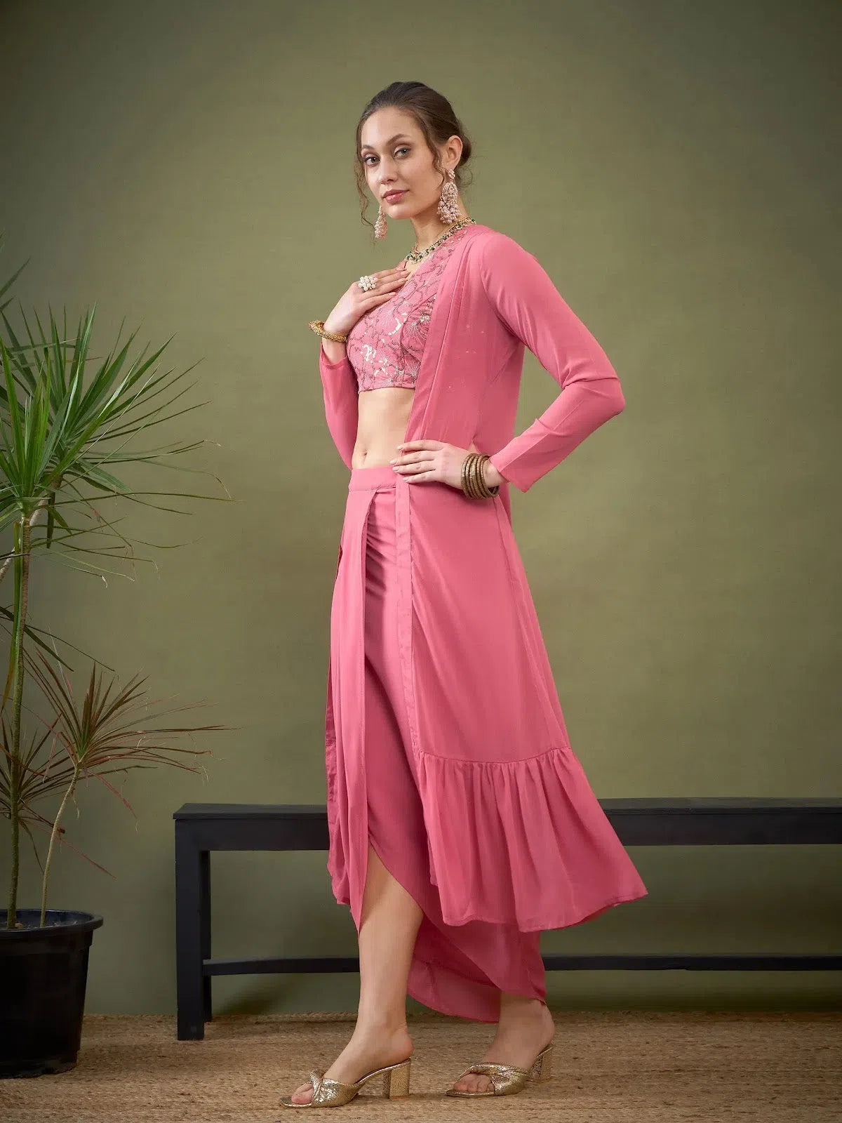 Women Pink Crop Top With Dhoti Skirt & Shrug Modern Contemporary Chic