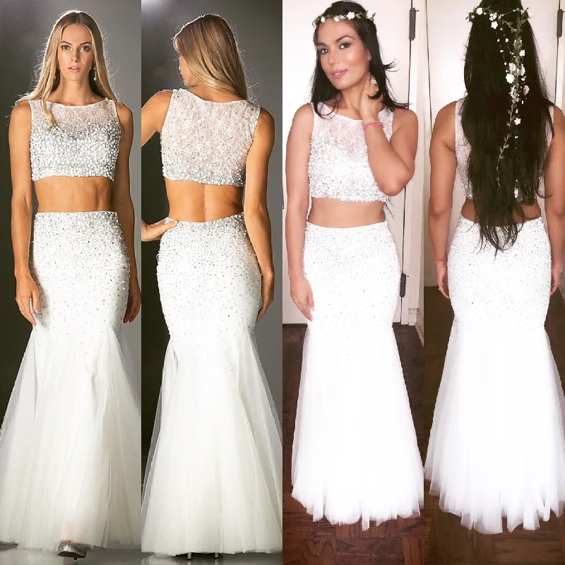 Beaded 2 Piece Blush Prom Dress Off White Mermaid Long Gown Crop Top 4 - 10 Zippered Front Buttoned Front Snap Front