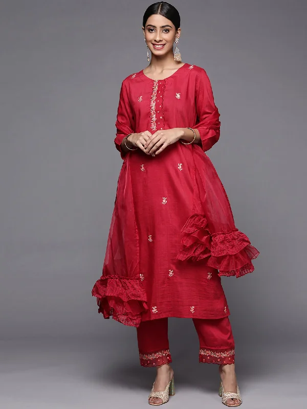 Women's Red Embroidered Straight Kurta Trousers With Dupatta Set - Indo Era Trousers Wedding White Women's Red Embroidered Straight Kurta Trousers With Dupatta Set - Indo Era Trousers Wedding White