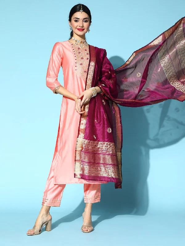 Women's Pink Yoke Design Straight Kurta Trouser With Dupatta Set - Indo Era Trousers chic elegant Women's Pink Yoke Design Straight Kurta Trouser With Dupatta Set - Indo Era Trousers chic elegant