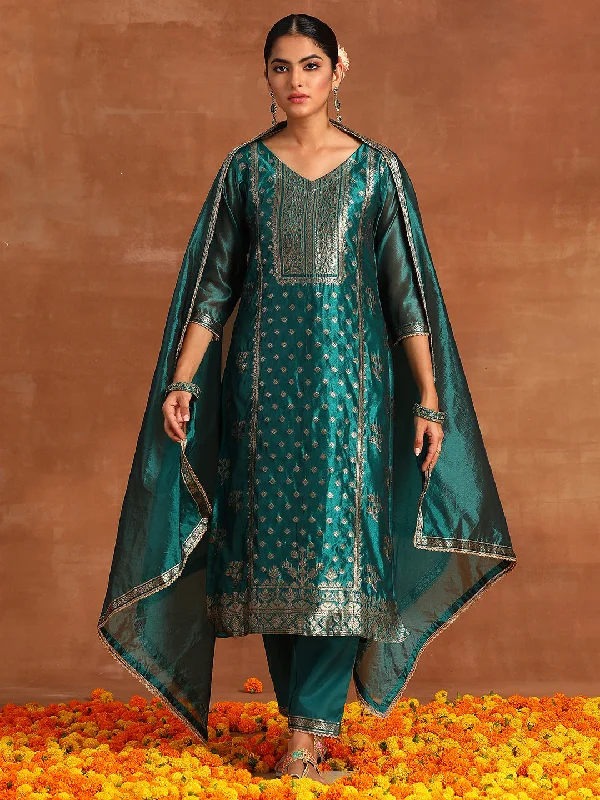 Women's Teal Woven Design Straight Kurta Trousers With Dupatta Set - Indo Era Trousers Formal Black Women's Teal Woven Design Straight Kurta Trousers With Dupatta Set - Indo Era Trousers Formal Black