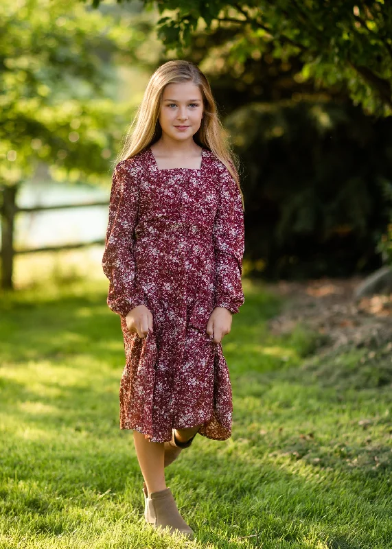 Girls Burgandy Square Neck Puff Sleeve Belted Dress Tunics Versatile functional