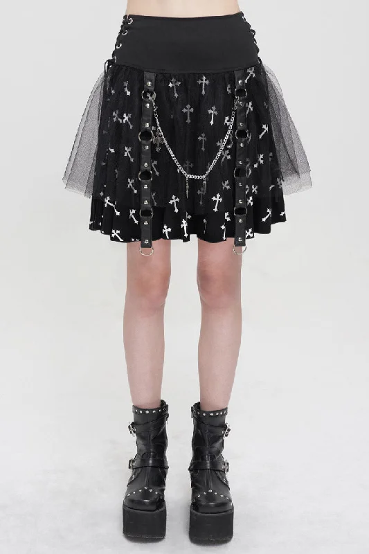 Black/White Knitted Fabric Cross Print Side Waist Straps Detachable Metal Chain Women's Punk Skirt high slit skirt Black/White Knitted Fabric Cross Print Side Waist Straps Detachable Metal Chain Women's Punk Skirt high slit skirt