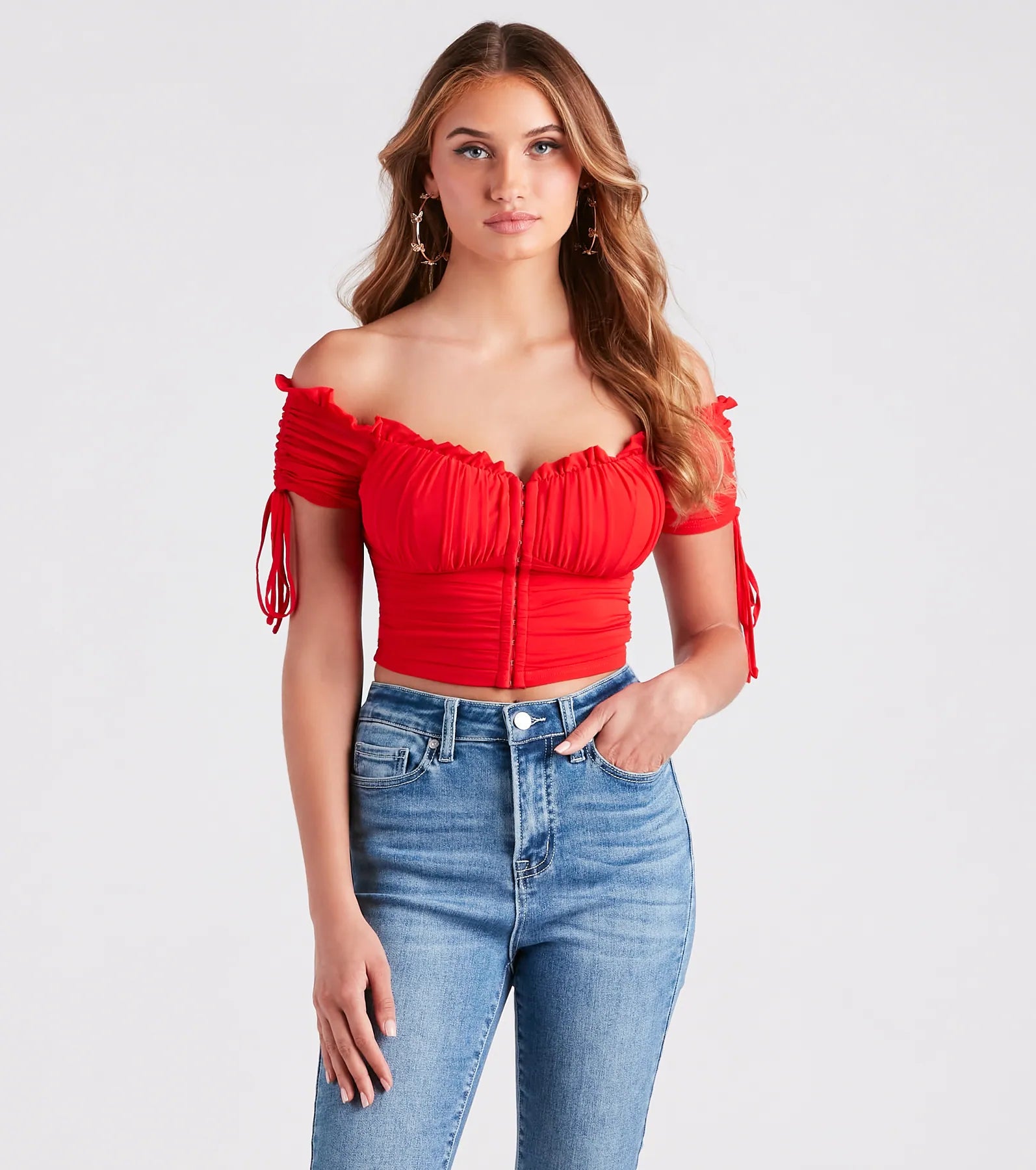 Hooked In Ruched Crop Top Welt Pockets Slit Pockets Flap Pockets