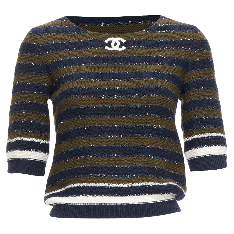 Chanel sequin cashmere blend cc logo stripe crop sweater Fitted Loose Oversized