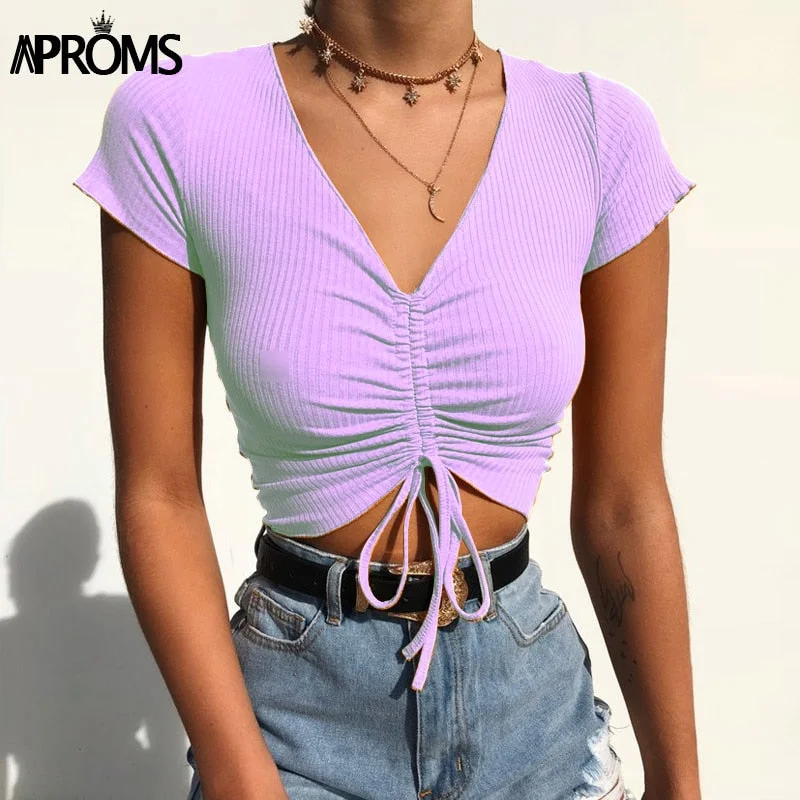 V Neck Cropped Ruched Drawstring Tank Top silver tank top