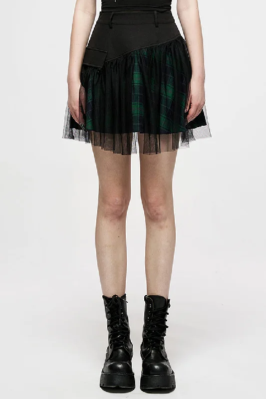 Green Cotton Splicing Mesh Plaid Personalized Pocket Decoration Waist Punk Women's Short Skirt wool skirt sturdy Green Cotton Splicing Mesh Plaid Personalized Pocket Decoration Waist Punk Women's Short Skirt wool skirt sturdy