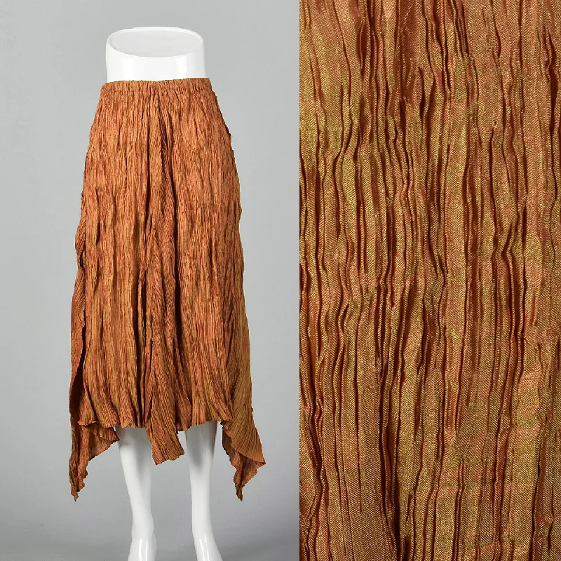 2000s Issey Miyake Iridescent Orange Pleated Skirt with Asymmetric Hem elastic waist skirt