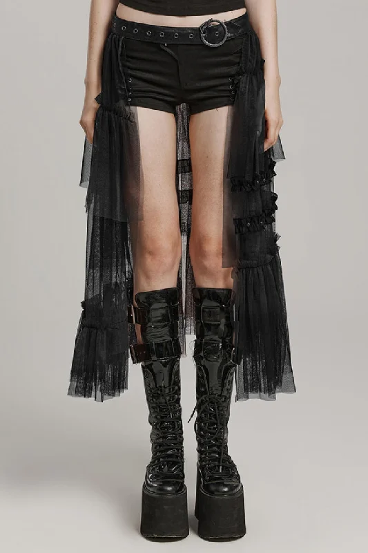 Ruffle Mesh Buckle Women's Steampunk Long Overskirt 3 Colors asymmetrical skirt cut
